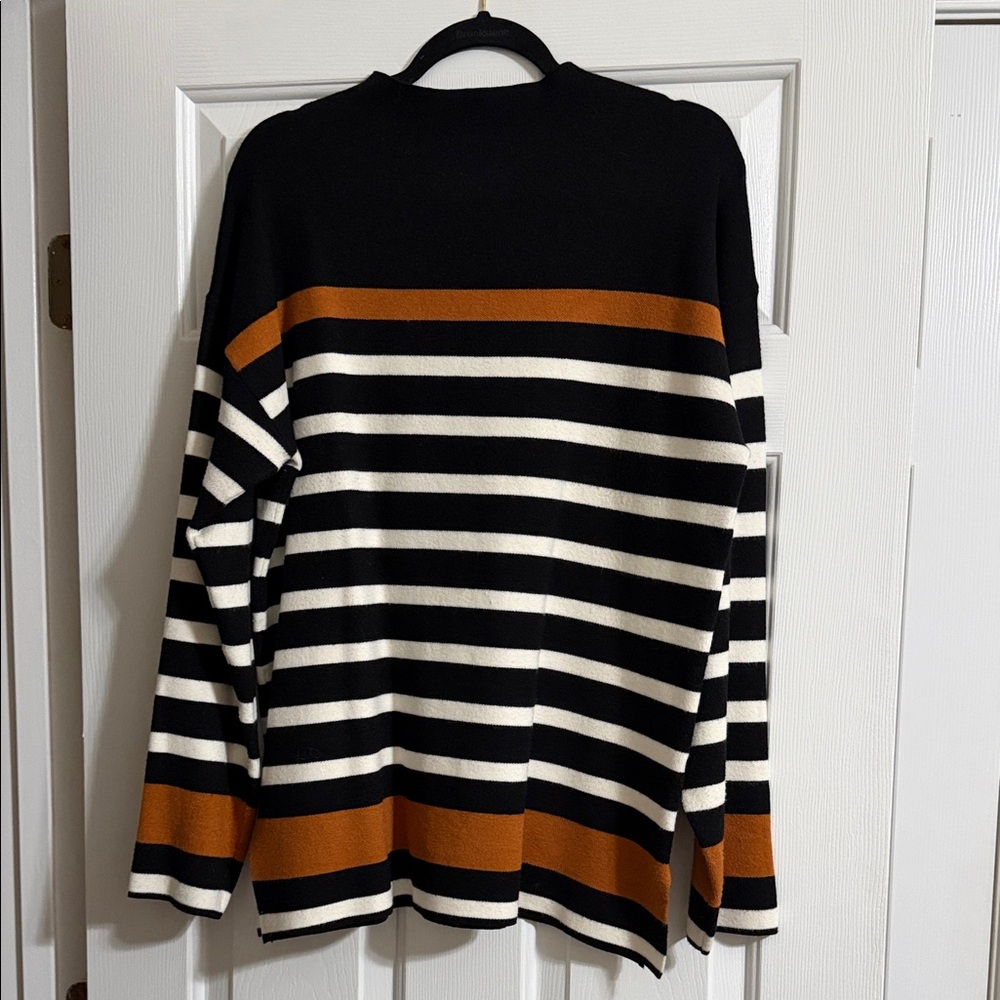 Jones New York Black White Brown Striped Long Sleeve Mock Neck Sweater Large